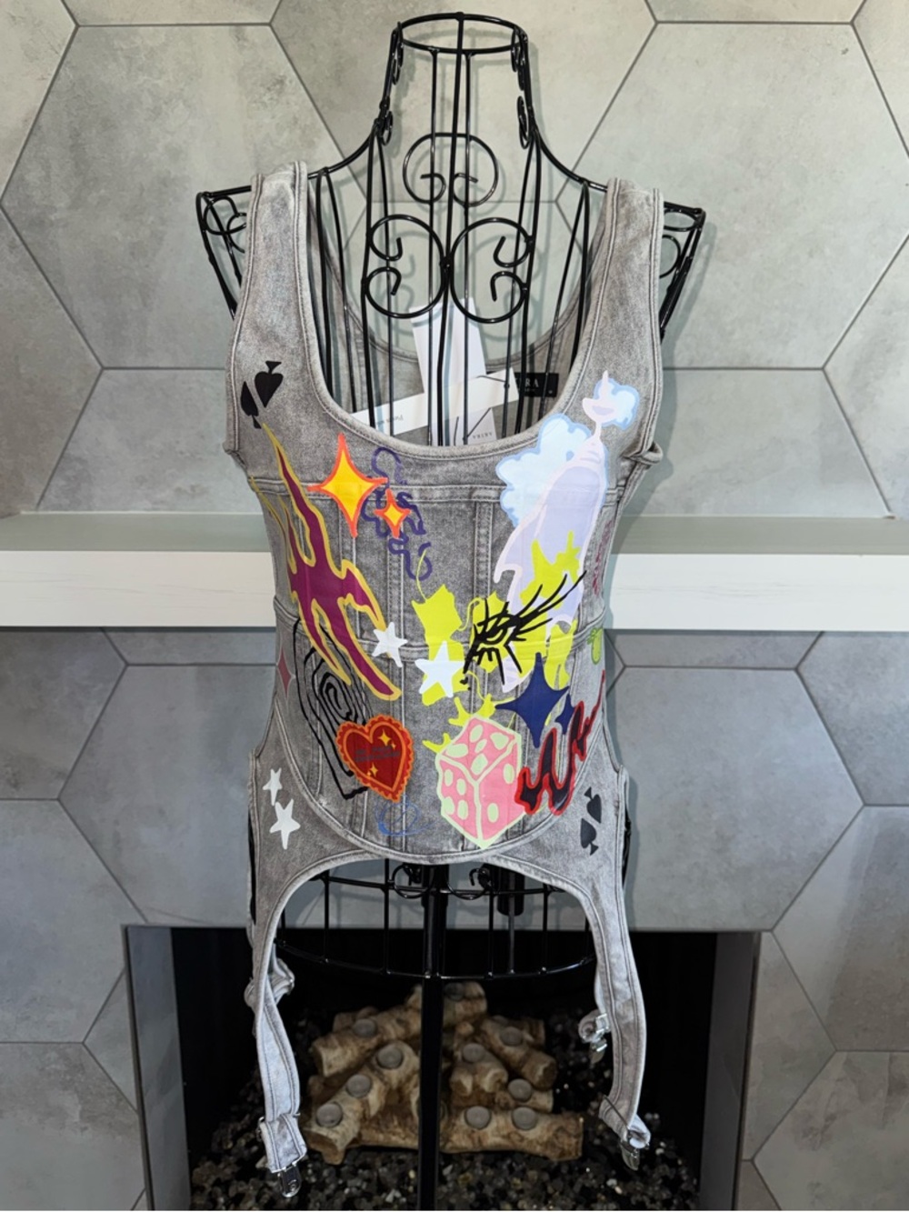 RARE! NWT🖤AKIRA GRAFFITI DETAIL GRAY DENIM CORSET TOP Size M